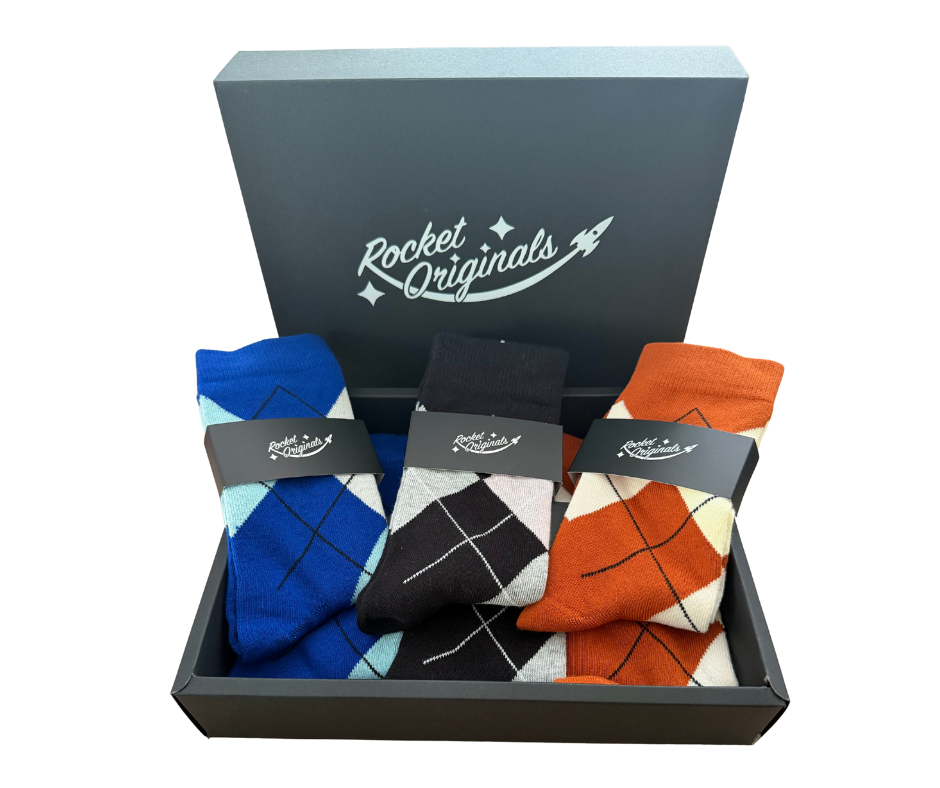 Argyll Socks Gift Box - 6 Pairs in Brown, Black & Blue